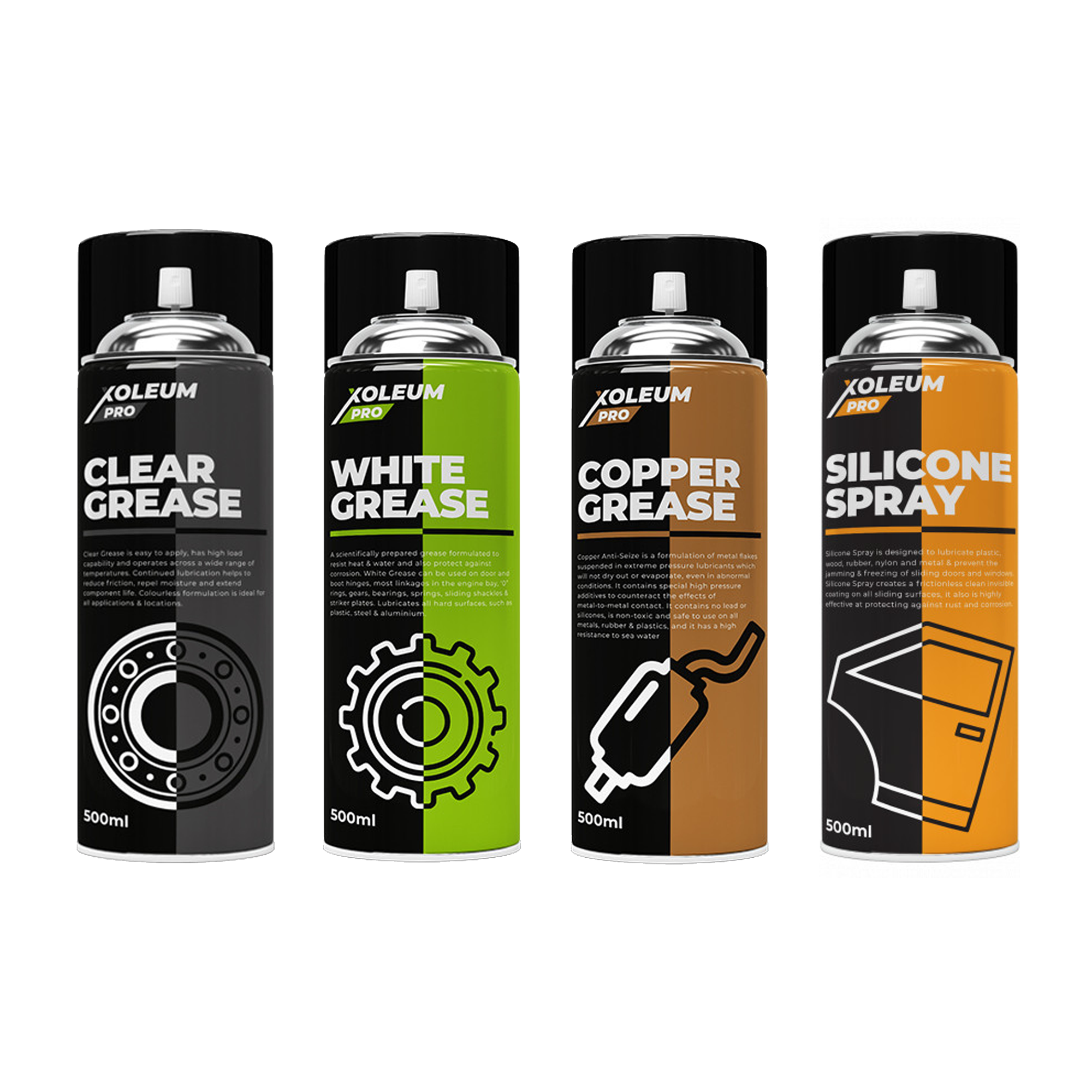Xoleum Pro Spray Grease Set 4 Pack - CLAIRE, BLANC, Graisse CUIVRE, Spray SILICONE