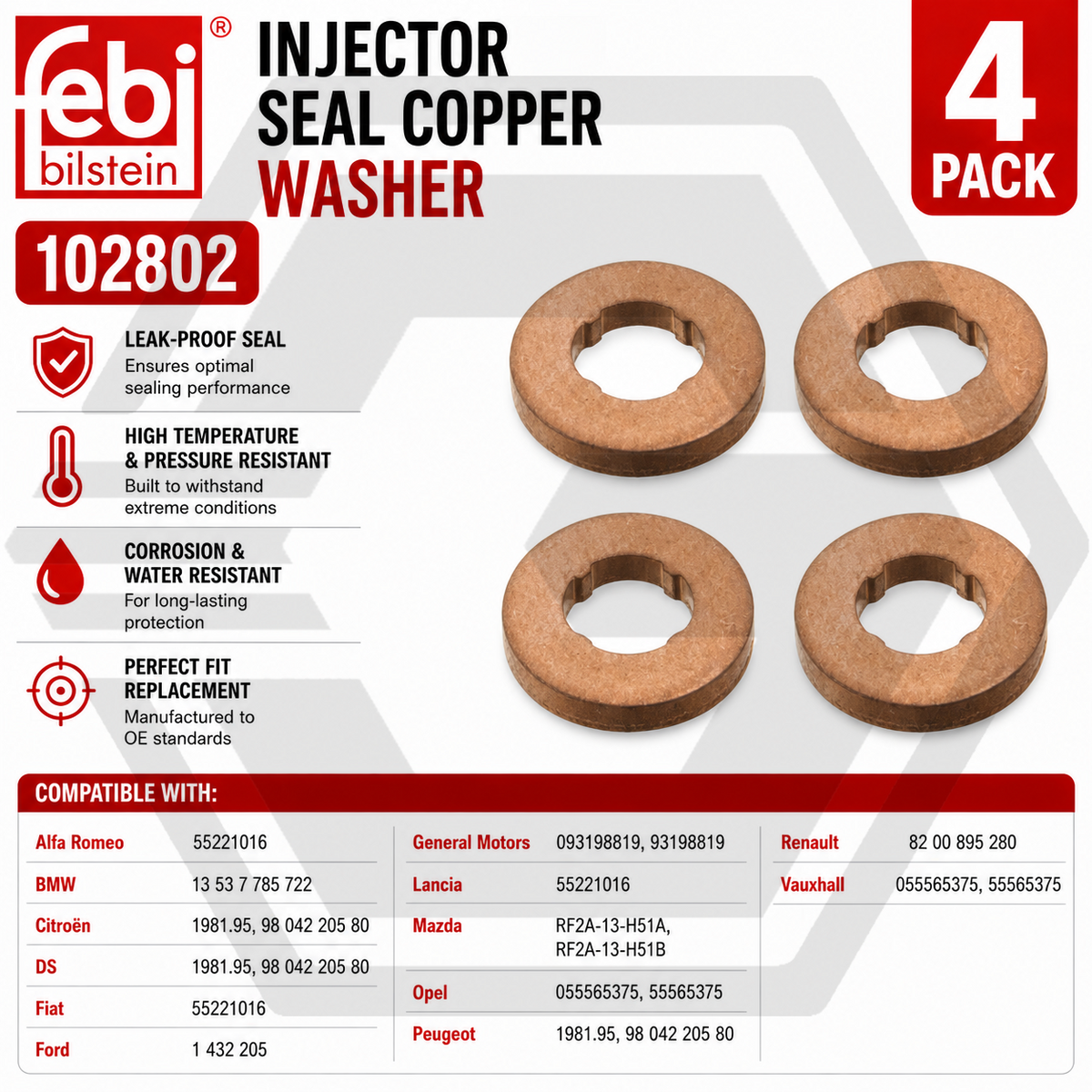 4 X FEBI Fuel Injector Seal Copper Washer Vauxhall Renault Citroen Peug 102802