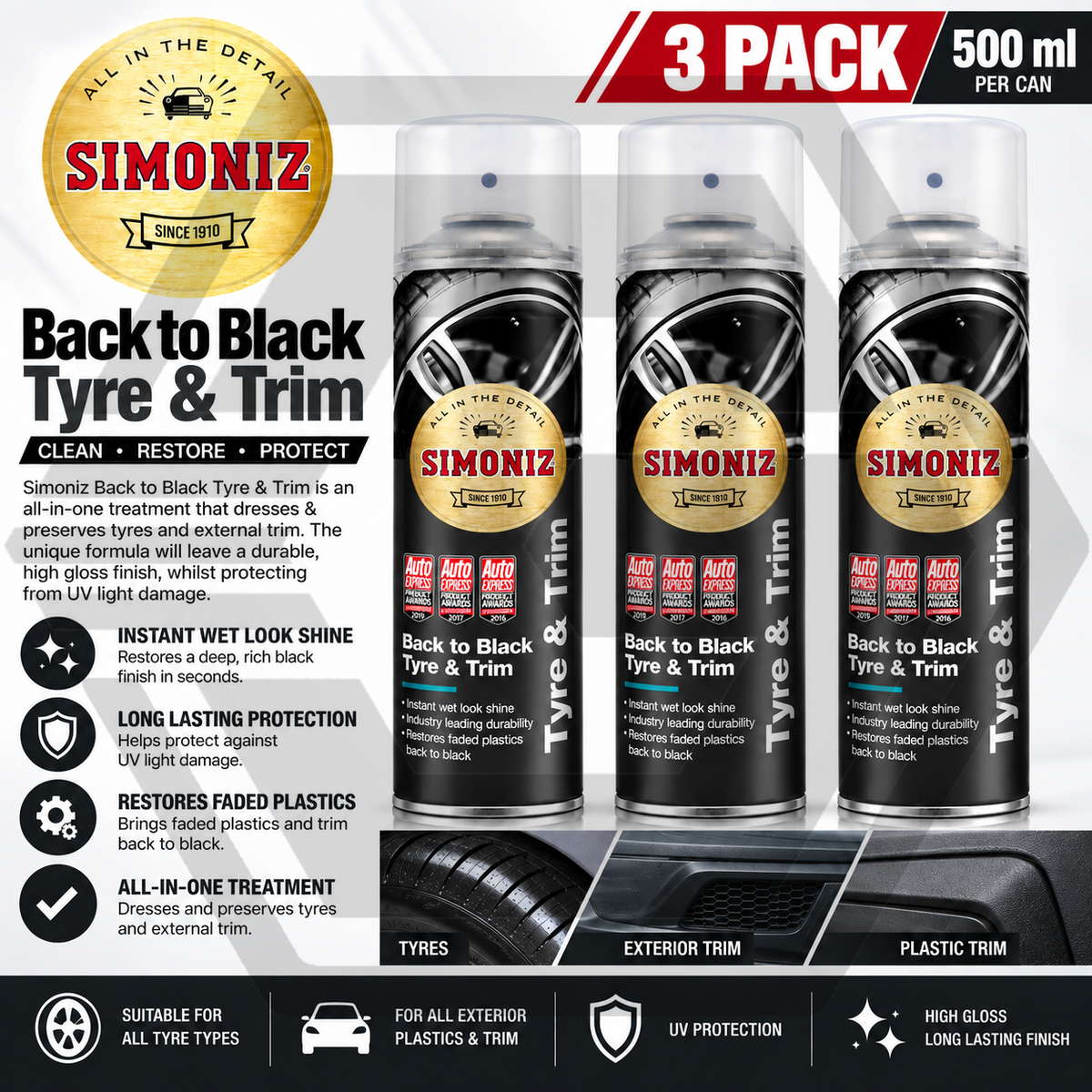 3 x Simoniz Tyre and Trim Shine Back to Black Spray Wet Look Shine Plastic 500ml