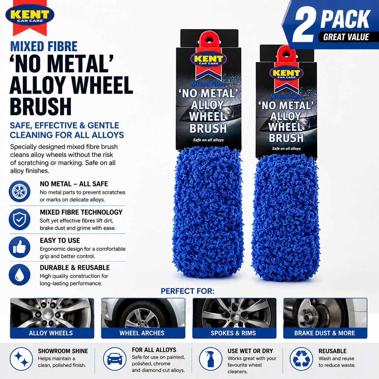 2 x KENT CAR CARE MICRO FIBRE NO METAL ALLOY WHEEL BRUSH SAFE CLEANING - Q4334
