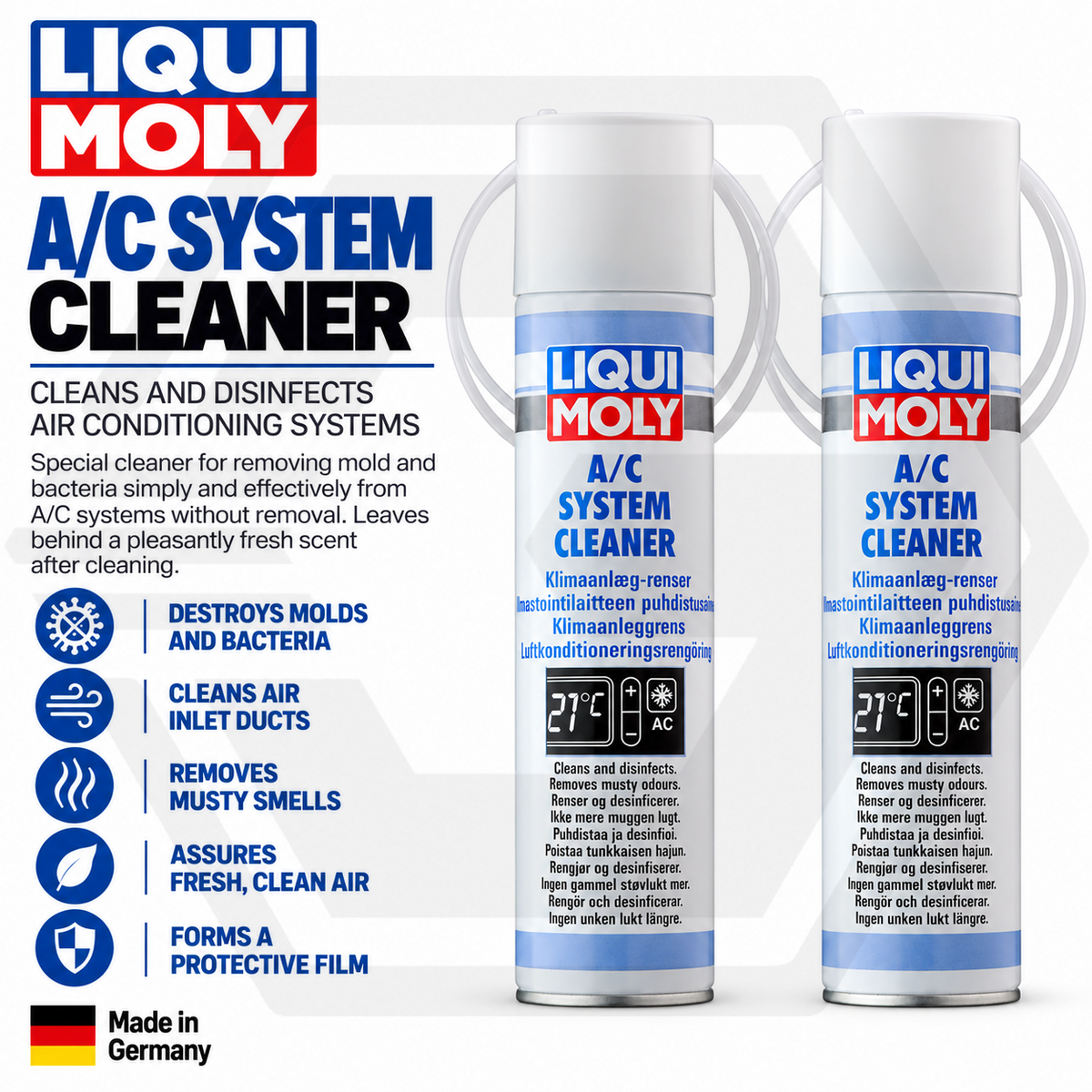 2 x Liqui-Moly A/C System Cleaner Spray 250ml Remove Bacteria & Mold With Straw