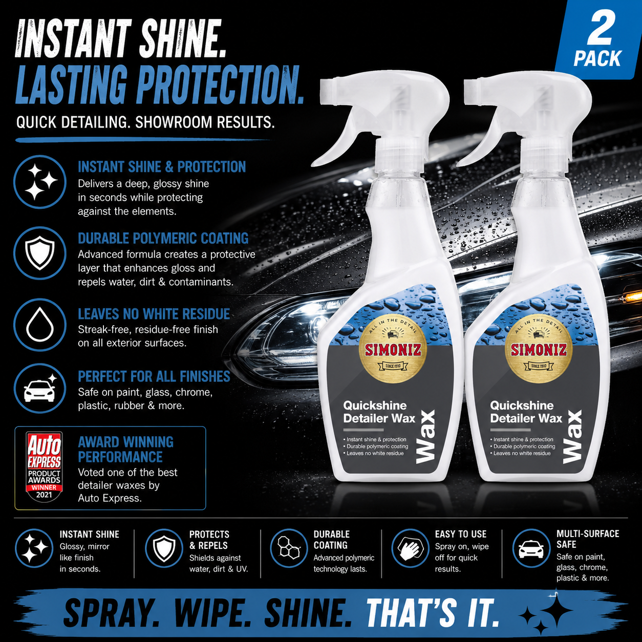 2 x Simoniz Quickshine Detailer Wax Instant Car Polymeric Coating Spray-on 500ML