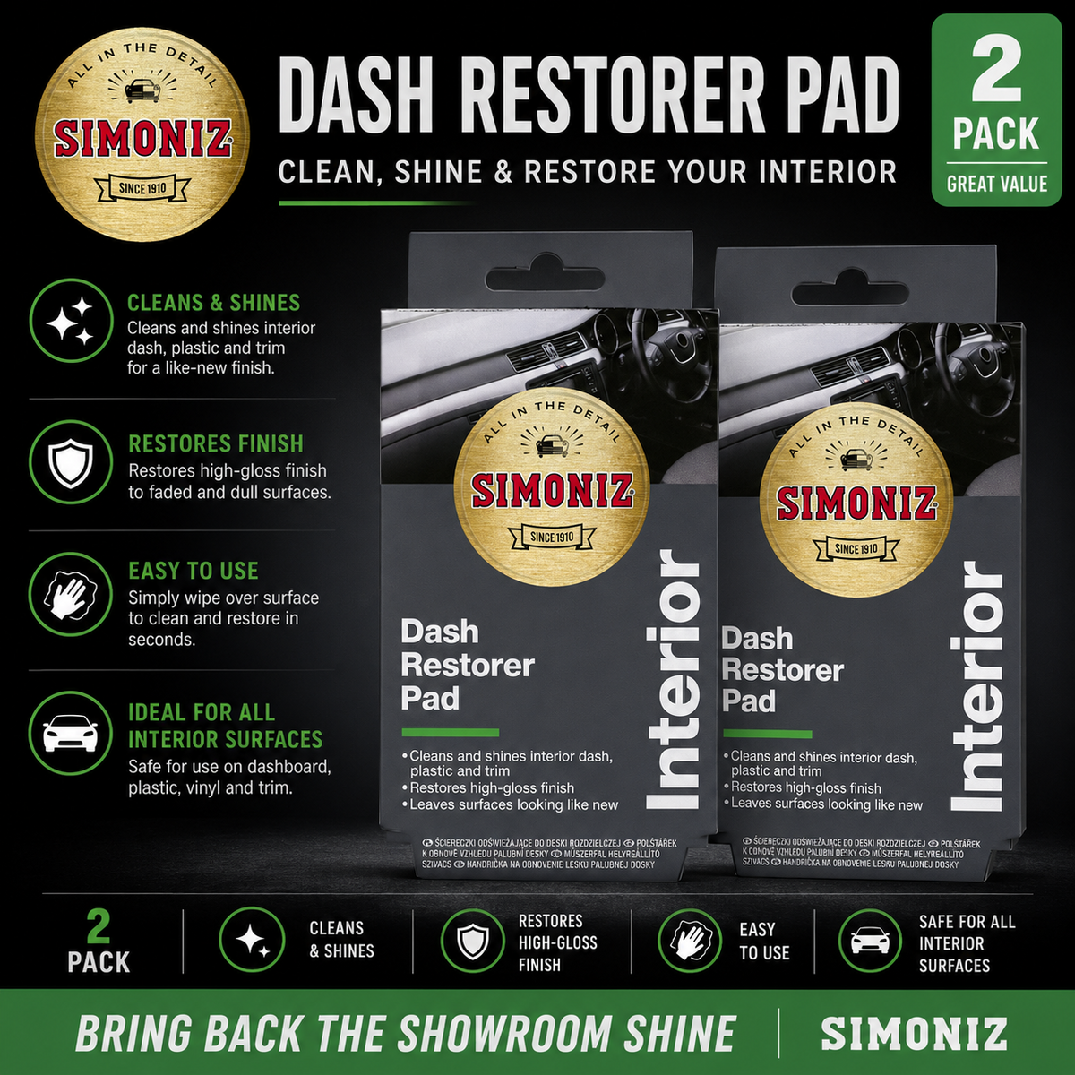 2 x Simoniz SAPP0075B Dash Restorer Pad Reusable Cleans & Restores Car Dashboard