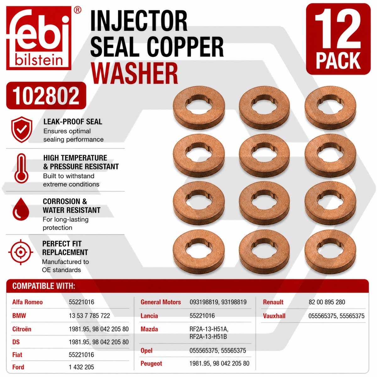 12 X FEBI Fuel Injector Seal Copper Washer Vauxhall Renault Citroen Peug 102802
