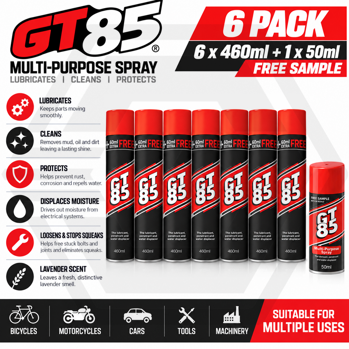 6 x GT85 Spray Lubricant -Penetrator Cleaner Water Displacer 460ml + FREE SAMPLE