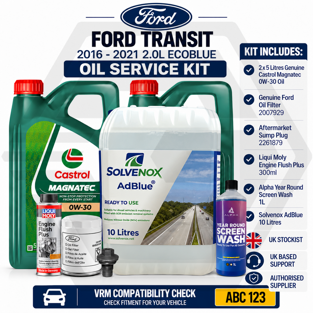 GENUINE FORD TRANSIT 2.0 ECOBLUE 2016-2021 Castrol 0W30 Service Kit + Adblue 10L