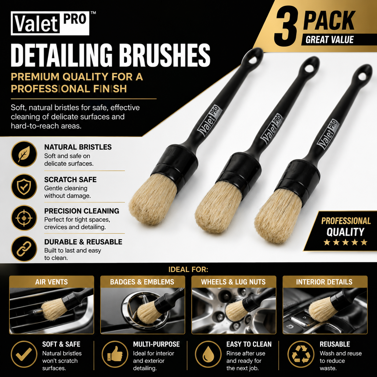 3 x Valet PRO Car Detailing / Wheel Cleaning Brush Large-  PREMIUM MADE IN ITALY