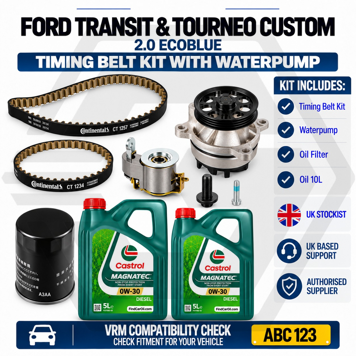 Timing Belt Kit With Water Pump + 10L Oil & Filter For FORD TRANSIT 2.0 ECOBLUE