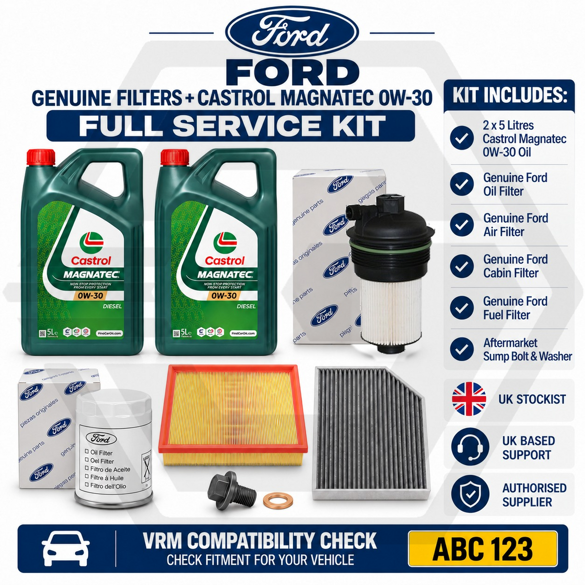 Genuine Ford TRANSIT FULL SERVICE KIT + CASTROL 0W30 OIL  2.0 EcoBlue FWD