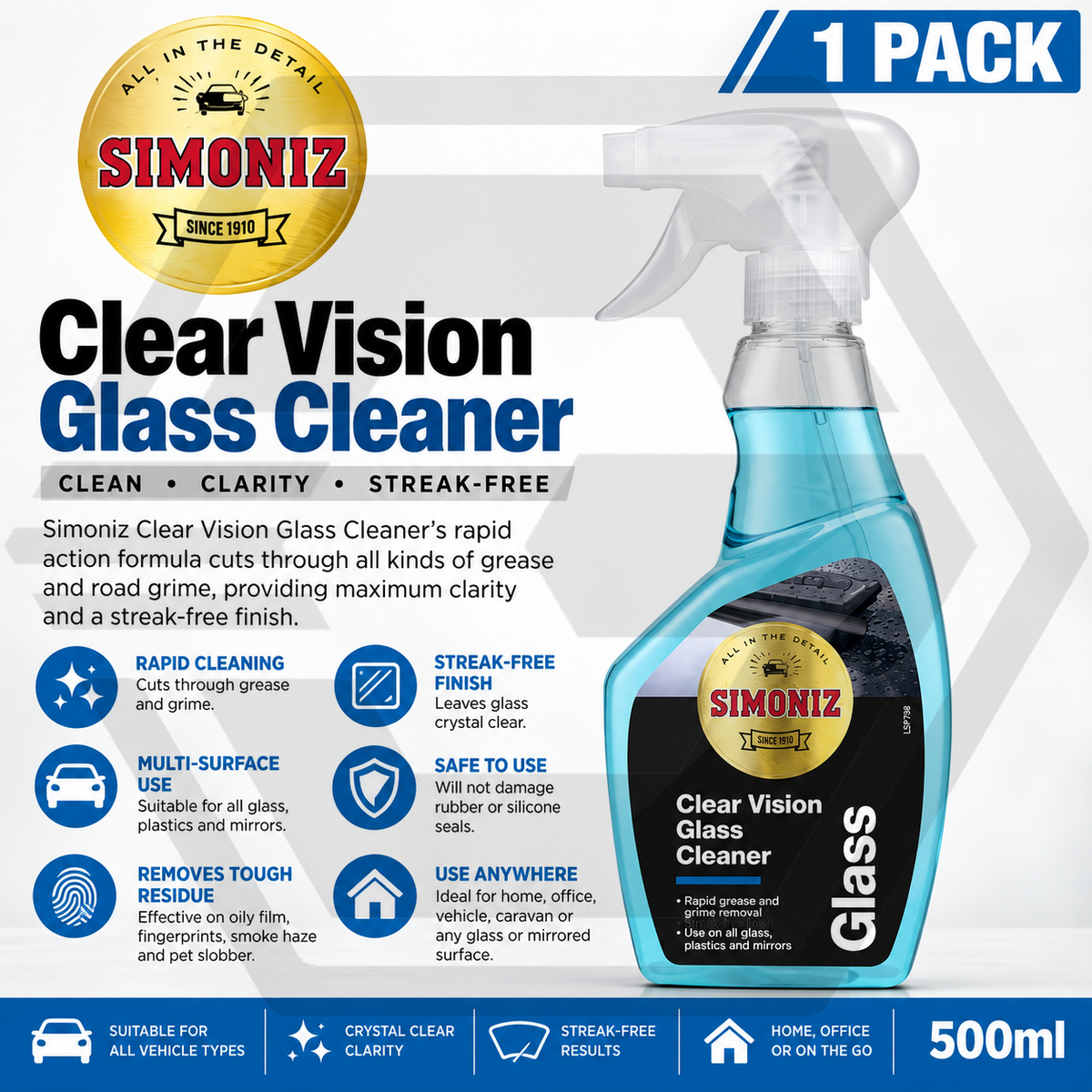 SIMONIZ Clear Vision Glass Cleaner 500ml Grease Remover Streak Free Finish