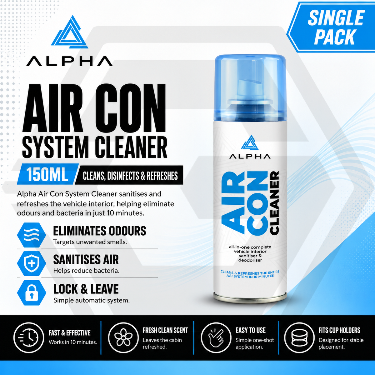 ALPHA Air Con Cleaner 150ml - Car Sanitiser & Deodoriser -  FRESH CLEAN SCENT