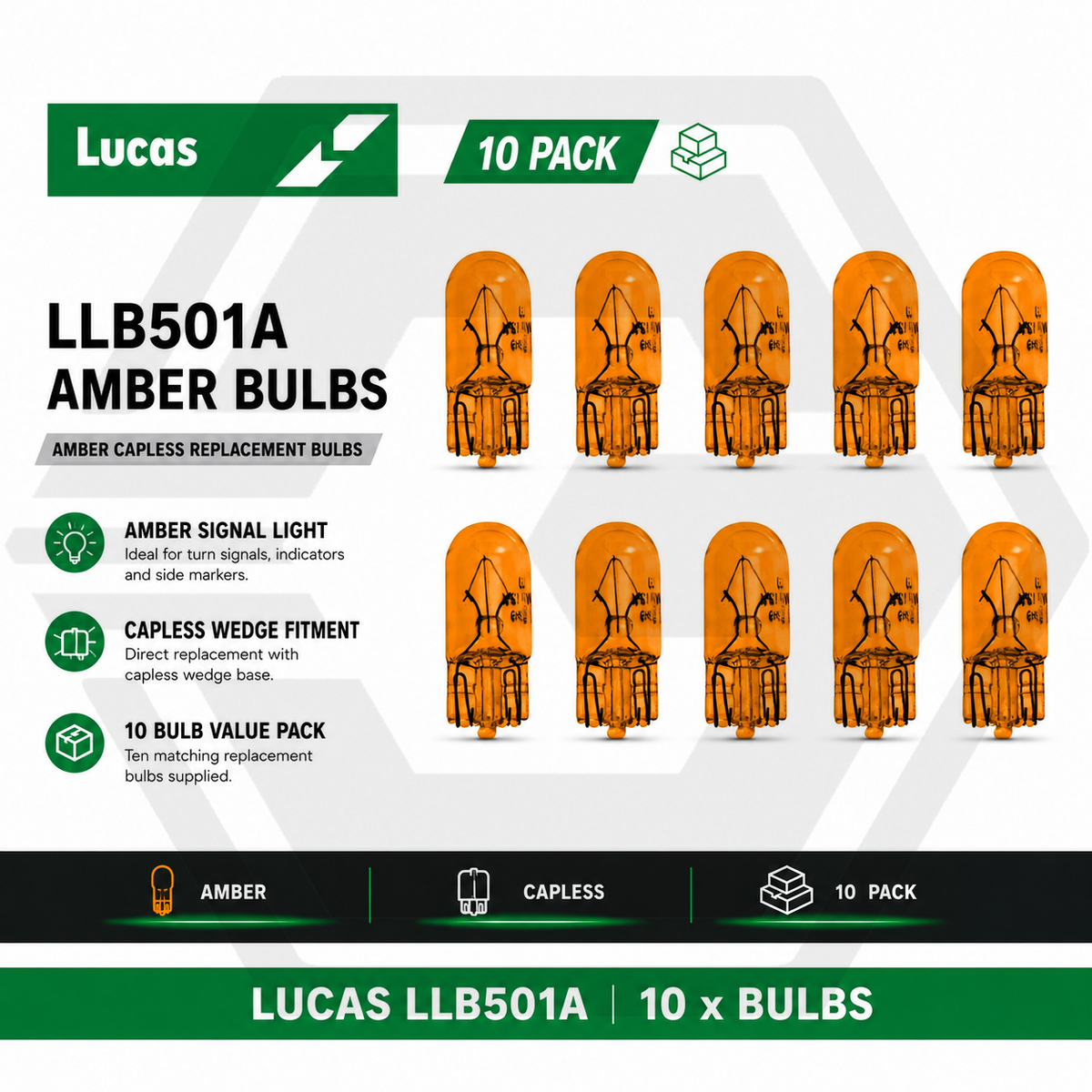 10 X LUCAS LLB501A CAPLESS AMBER SIDE LIGHT INDICATOR BULBS - 12V 5W W2.1x9.5d