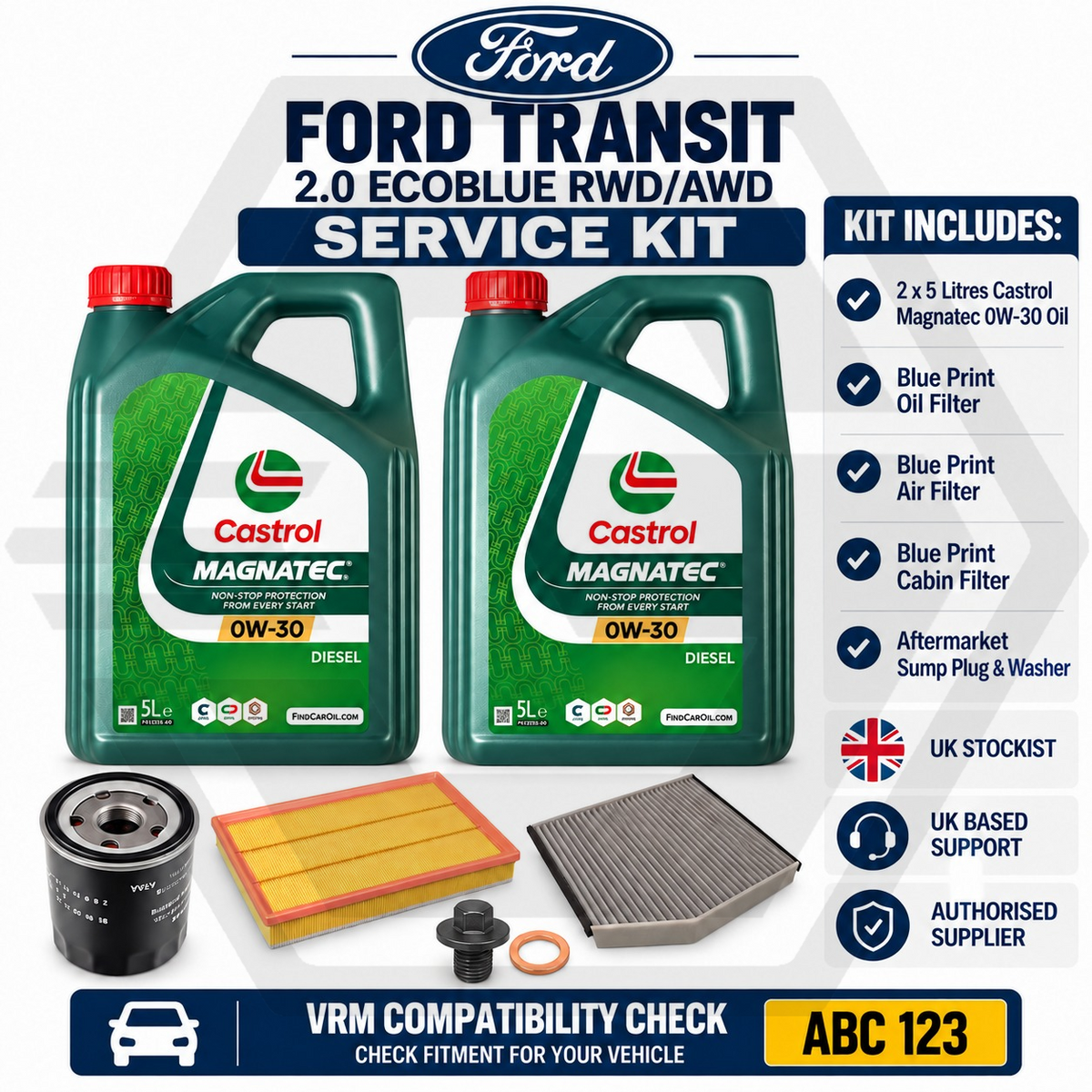 FORD TRANSIT 2016-2021 2.0L EcoBlue RWD/AWD SERVICE KIT+GENUINE CASTROL 0W30 10L
