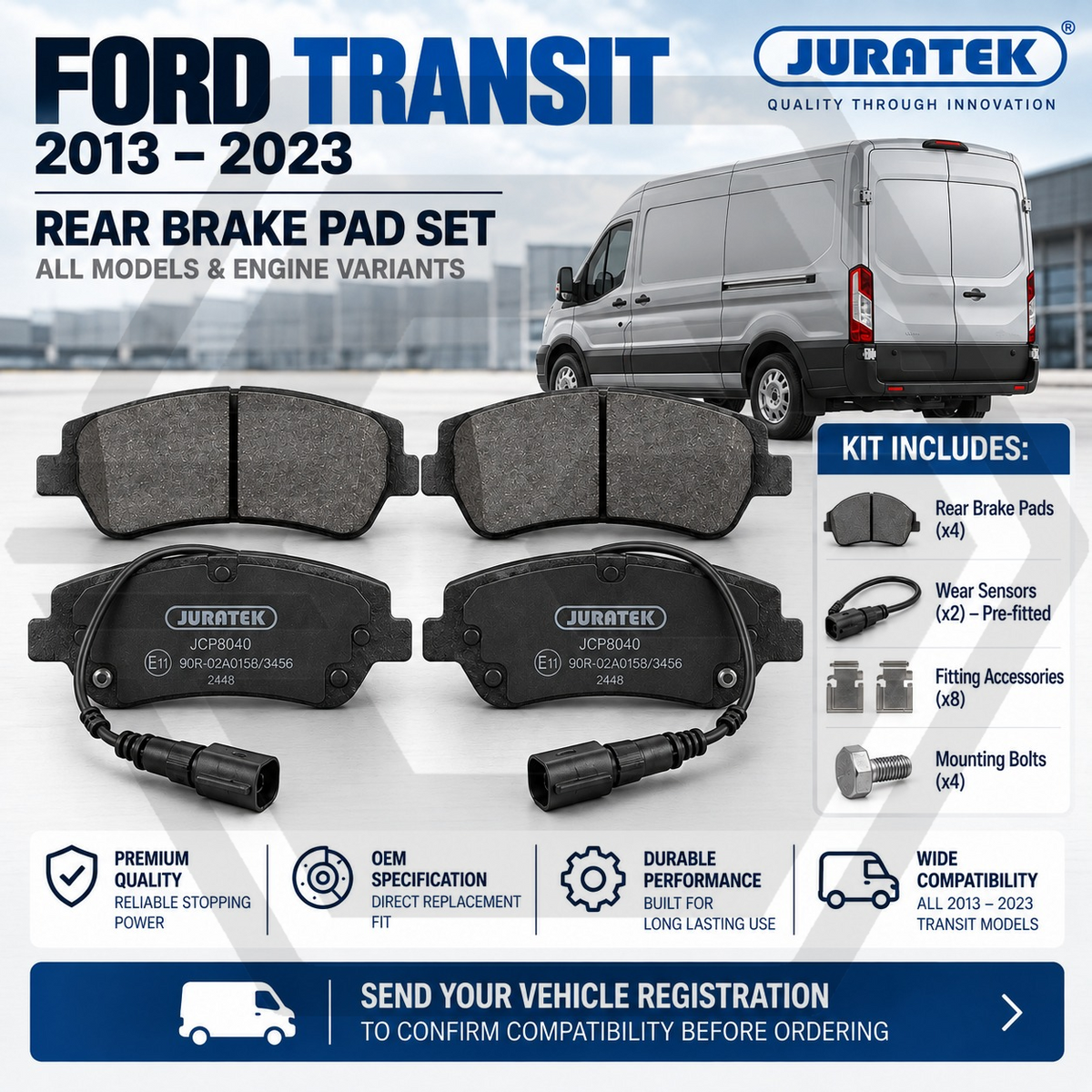 FORD TRANSIT 2.0 ECOBLUE 2013-2023 - REAR BRAKE PADS WITH SENSORS & FITTINGS