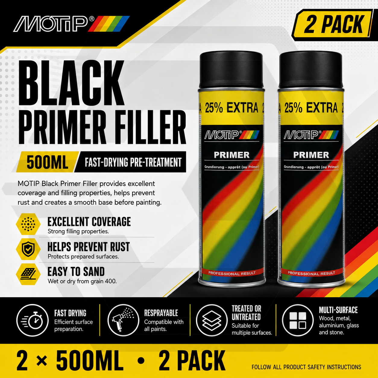 2 x MOTIP BLACK PRIMER FILLER 500ML -For Automotive Car Bodies Spray Paint - NEW