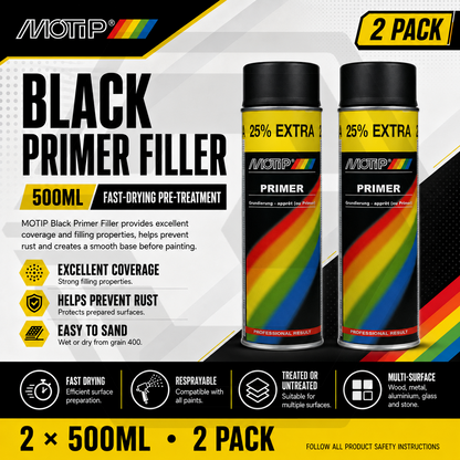 2 x MOTIP BLACK PRIMER FILLER 500ML -For Automotive Car Bodies Spray Paint - NEW