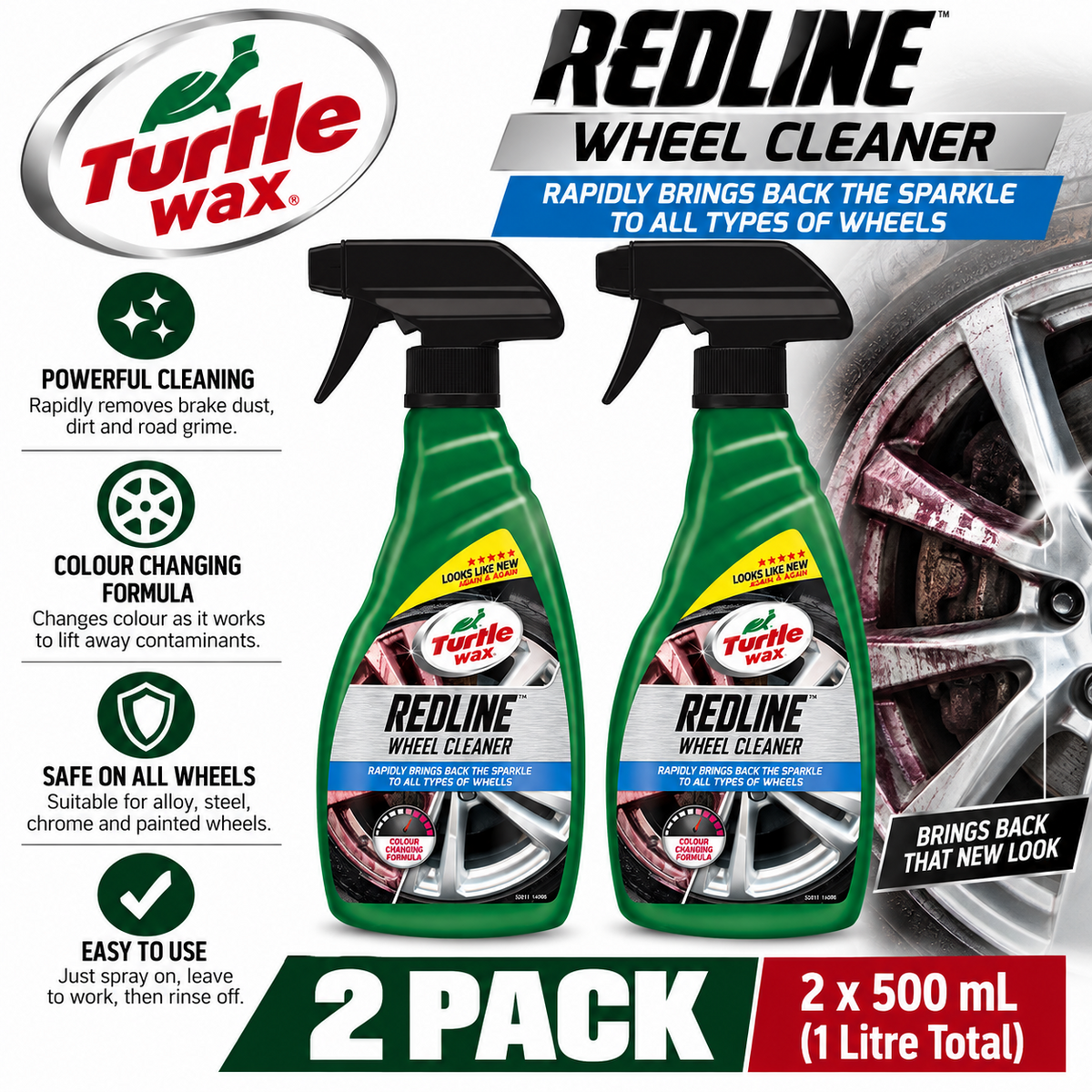 2 x Turtle Wax Redline Wheel Cleaner - Removes Dirt and Brake Dust 500ml