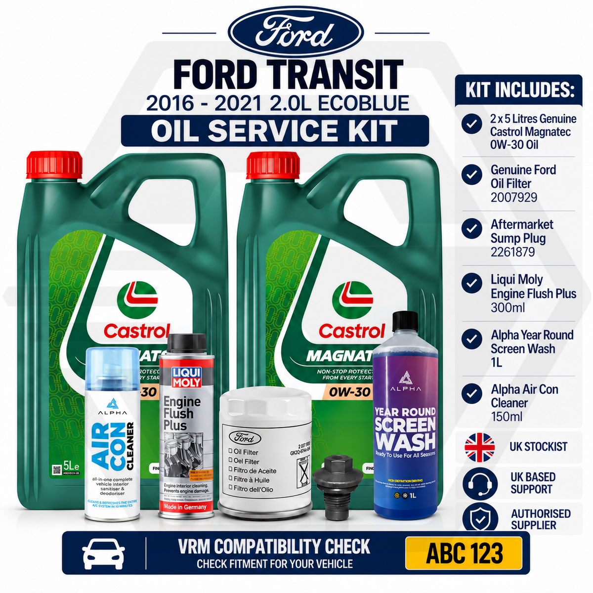 GENUINE FORD TRANSIT 2.0 ECOBLUE 16-21 Castrol 0W30 Service Kit + Aircon Cleaner