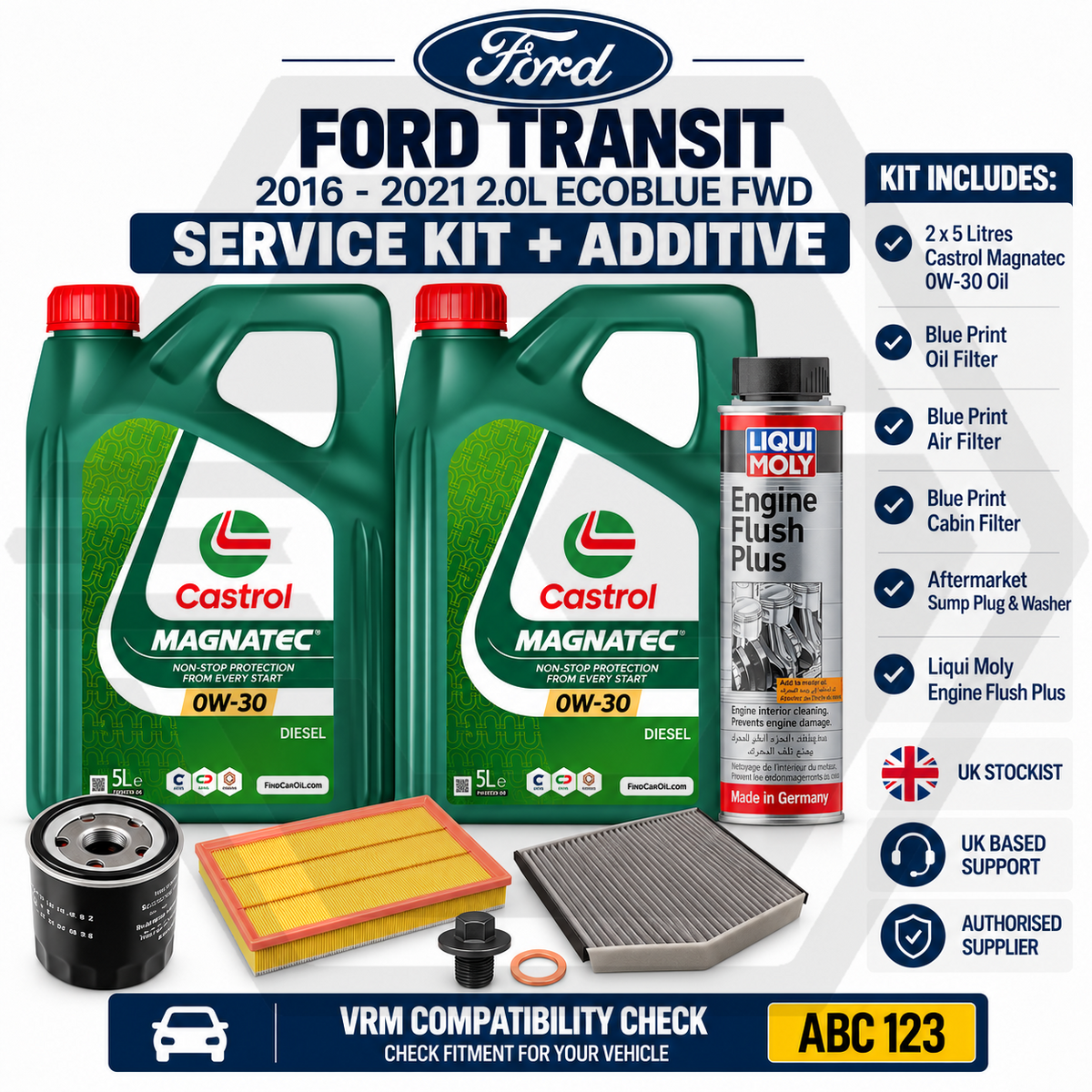 FORD TRANSIT 16-21 2.0L EcoBlue SERVICE FILTERS + GENUINE CASTROL 0W30 + FLUSH