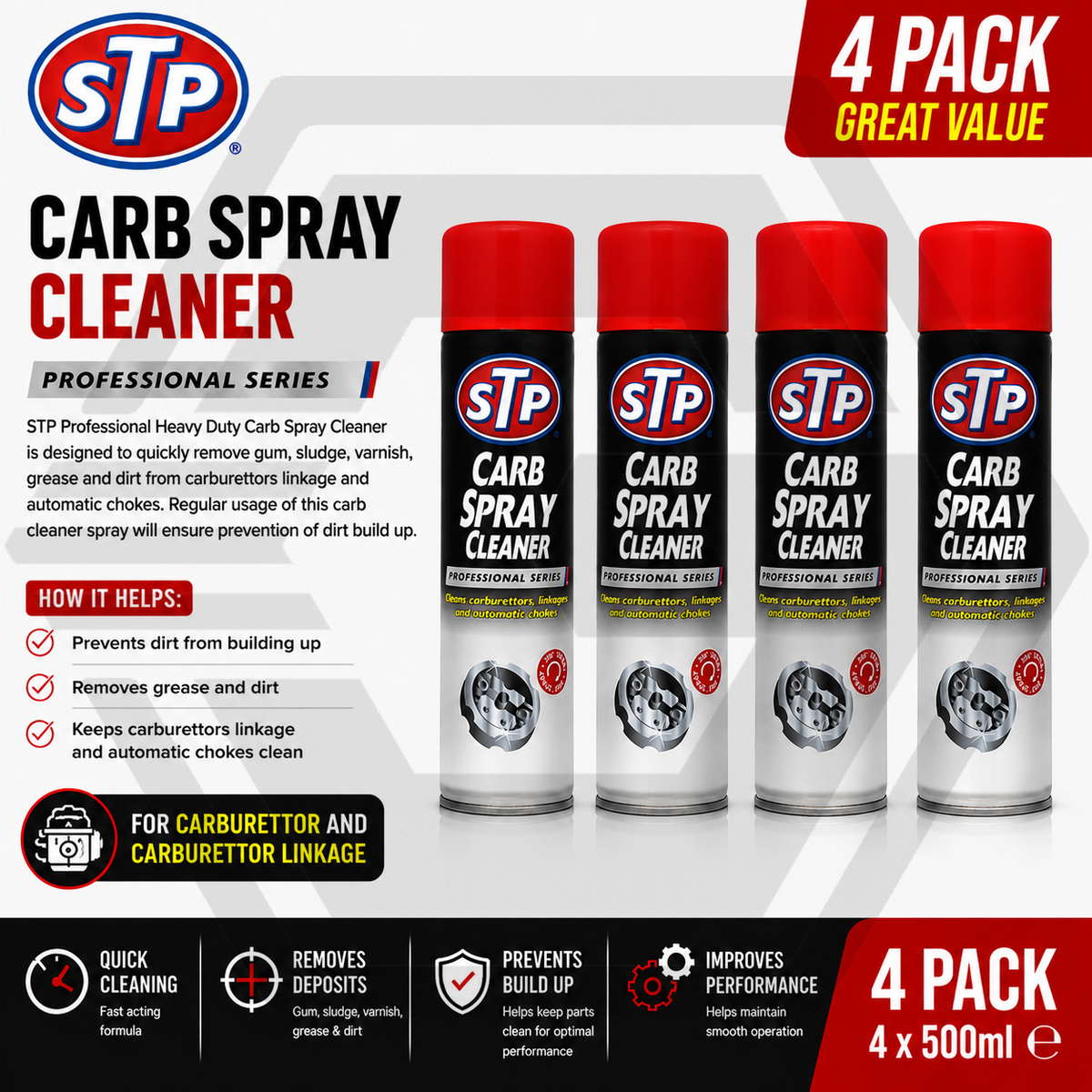 4 x STP Carb Cleaner Spray Carburettor Intake Spray Cleaner Professional 500ML