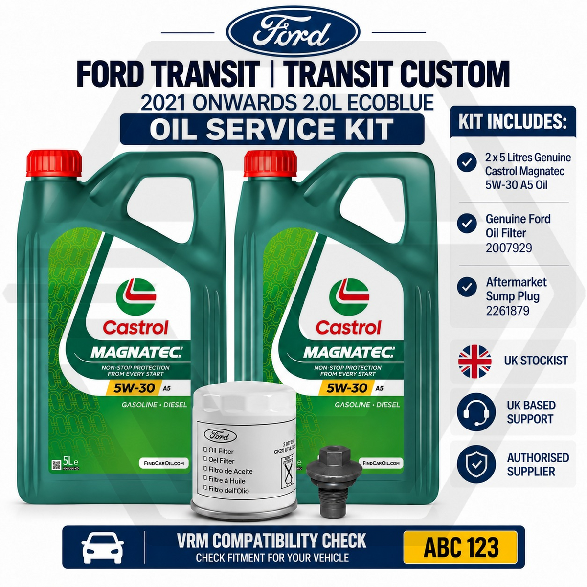 GENUINE FORD TRANSIT 2.0 ECOBLUE 2021 onward - Oil Service Kit + Castrol 5W30 A5