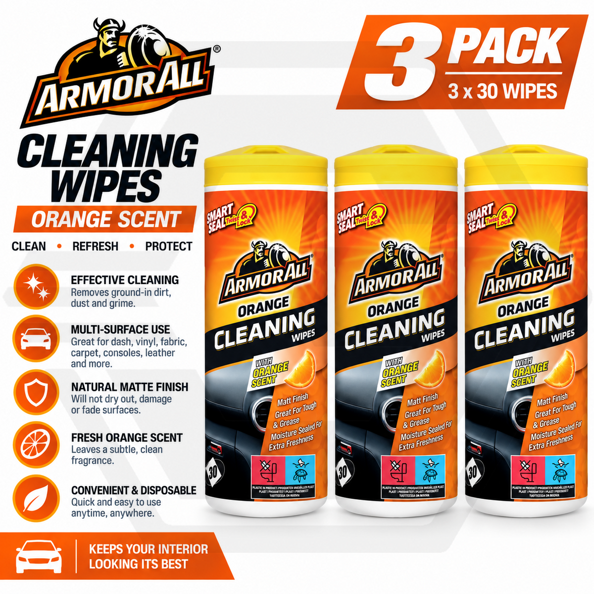 3 x ArmorAll Orange Cleaning Wipes Tub Dashboard Towel Matt Finish 30 Wipes