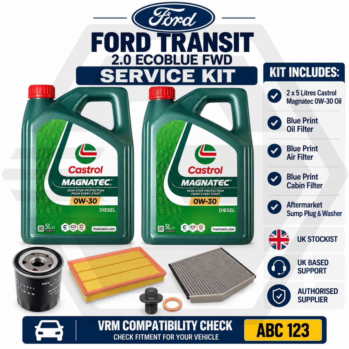 FORD TRANSIT 16-21 2.0L EcoBlue FULL SERVICE FILTERS + GENUINE CASTROL 0W30 OIL