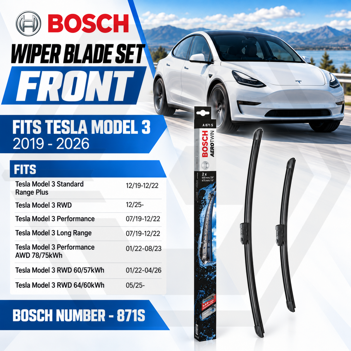 TESLA MODEL 3 5YJ3 2017-2026 Front Wiper Blade Set - Bosch Aero Flat A871S