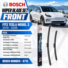 TESLA MODEL 3 5YJ3 2017-2026 Front Wiper Blade Set - Bosch Aero Flat A871S
