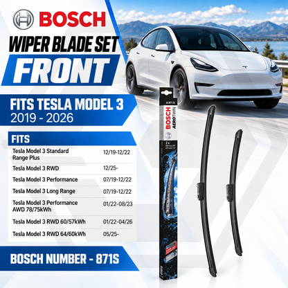 TESLA MODEL 3 5YJ3 2017-2026 Front Wiper Blade Set - Bosch Aero Flat A871S