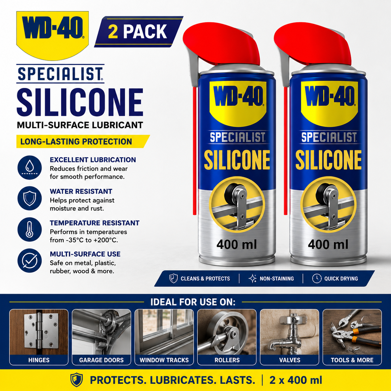 2 x WD-40 Specialist Silicone Spray Lubricant 400ml Smart Straw Rust Protection