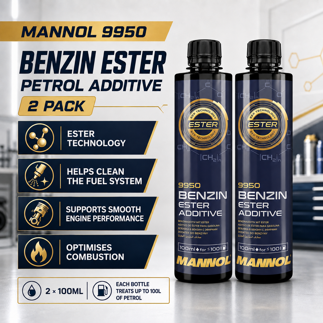 2 X MANNOL BENZIN ESTER PETROL ADDITIVE - IMPROVES FUEL ECON & PROTECTS SYSTEM