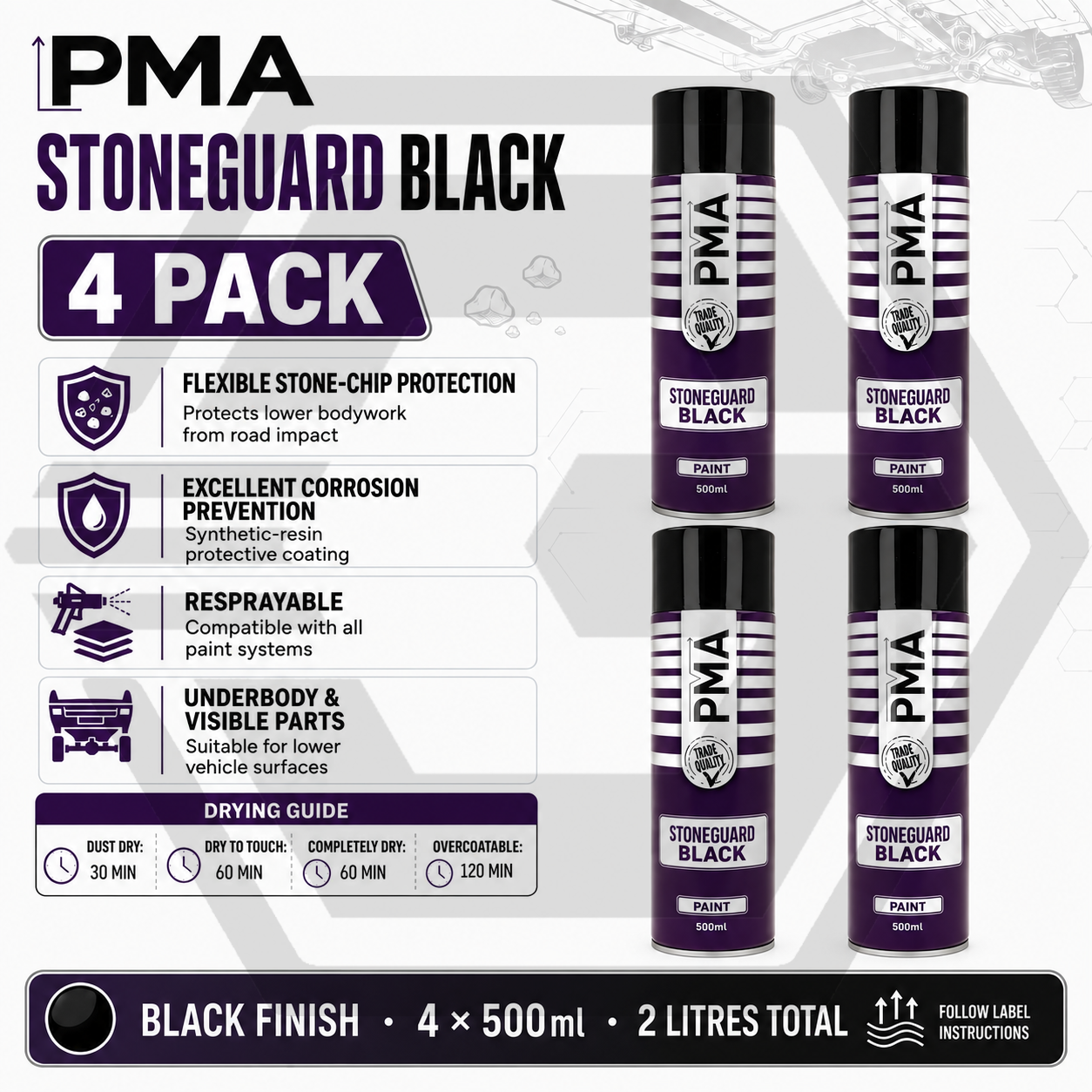 4 X PMA STONE GUARD BLACK 500ML - CAR LOWER UNDERBODY SPRAY PAINT PROTECTANT
