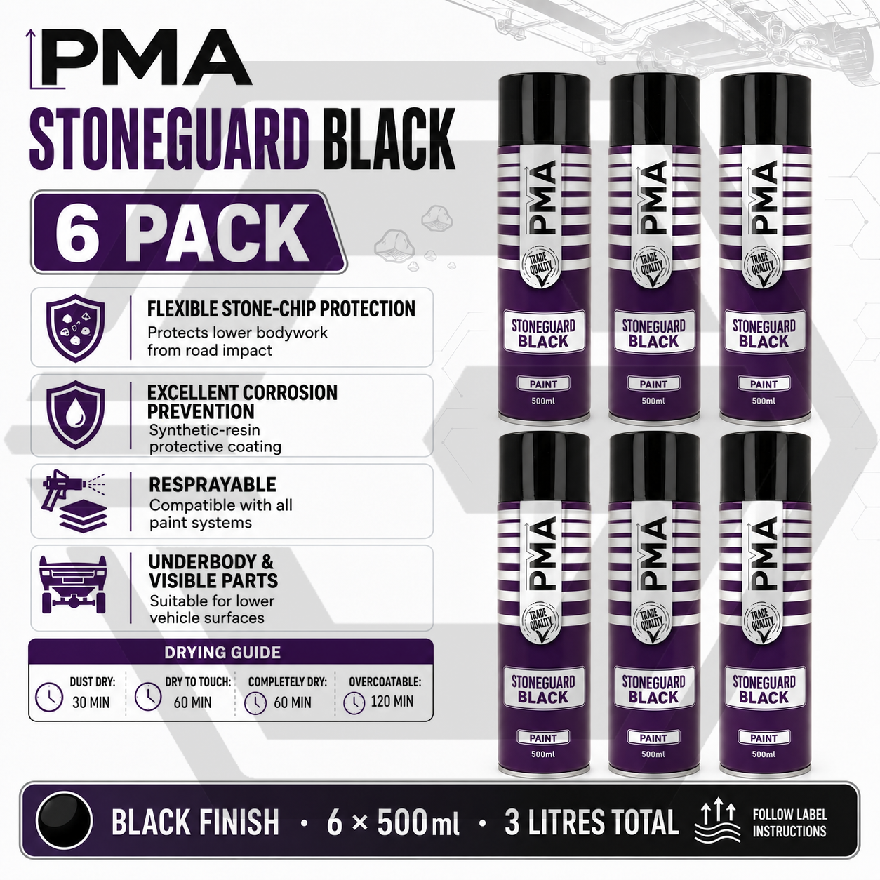 6 X PMA STONE GUARD BLACK 500ML - CAR LOWER UNDERBODY SPRAY PAINT PROTECTANT