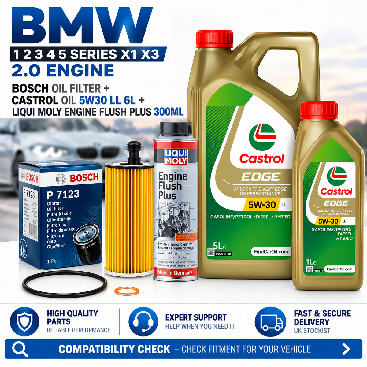 Bosch Oil Filter + Castrol Oil 5W30LL 6L + FLUSH BMW 2.0  1 2 3 4 5 SERIES X1 X3