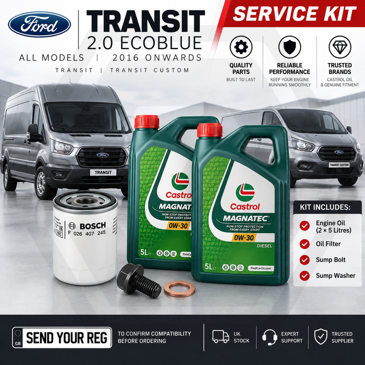 BOSCH FORD TRANSIT 2.0 ECOBLUE 2016-2021 - Oil Service Kit + Castrol 0W30 10L
