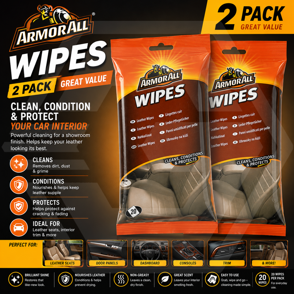 2 x ArmorAll Leather Cleaning Conditioning & Protection Wipes 20 Pack Beeswax