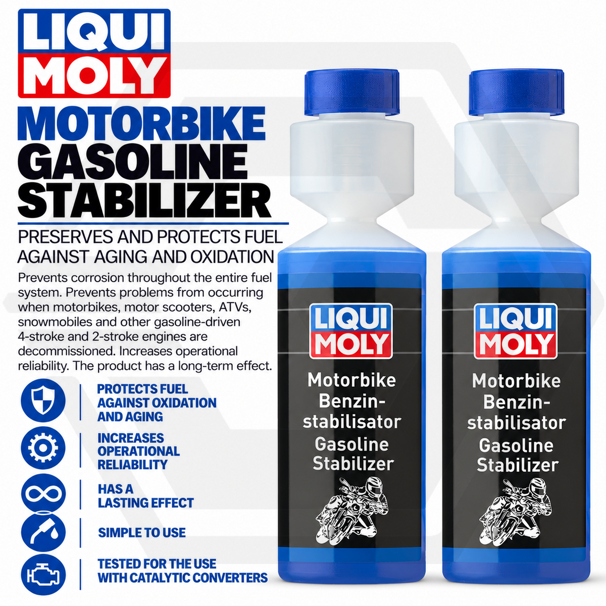 2 x Liqui Moly Motor Bike Fuel Petrol Stabiliser Additive 250ml Treats 50L Fuel