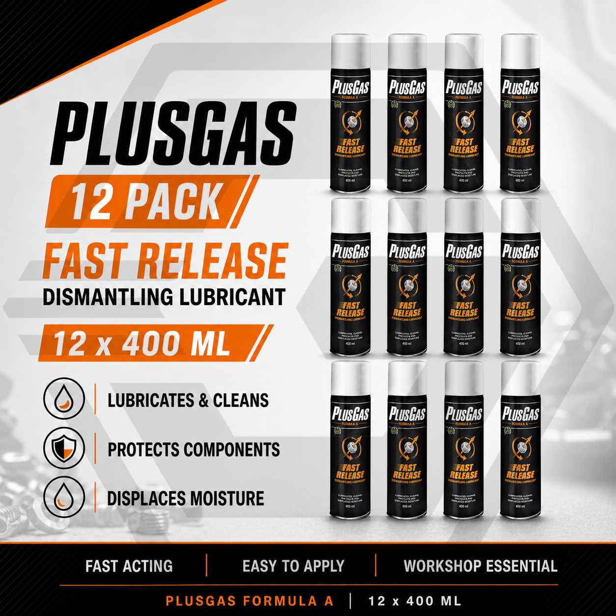 12 x PLUS GAS Fast Release 400ML - Dismantling Oil Lubricant Penetrating Fluid
