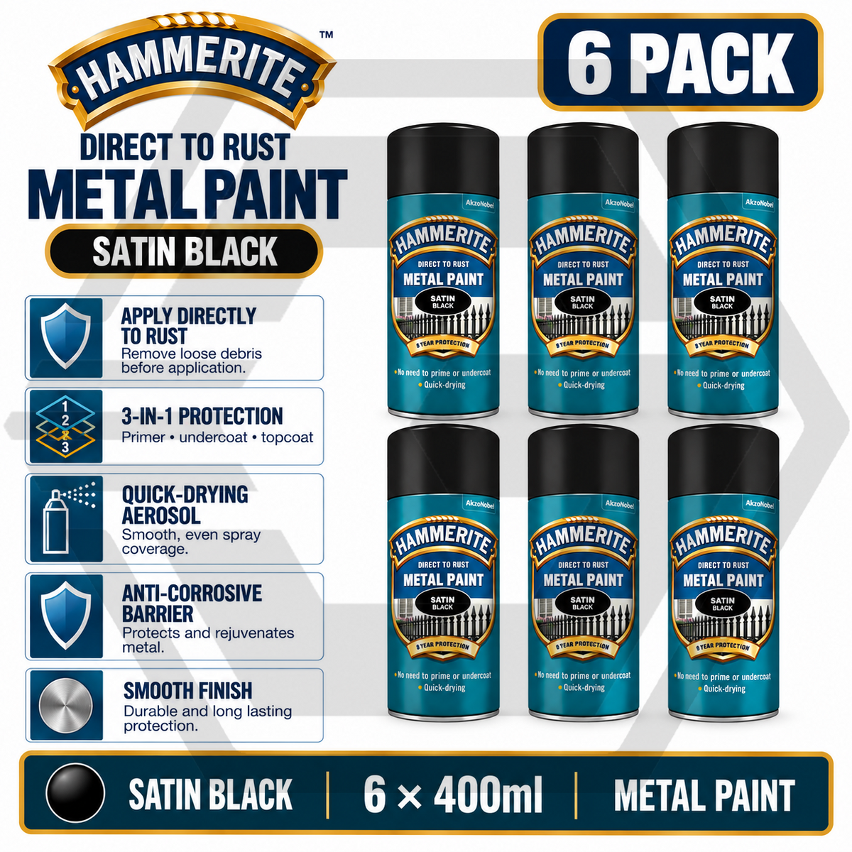 6 X HAMMERITE SATIN BLACK Aerosol - Direct to Rust - Metal Spray Paint 400ml