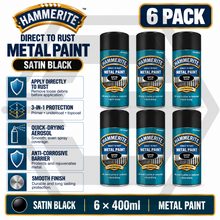 6 X HAMMERITE SATIN BLACK Aerosol - Direct to Rust - Metal Spray Paint 400ml