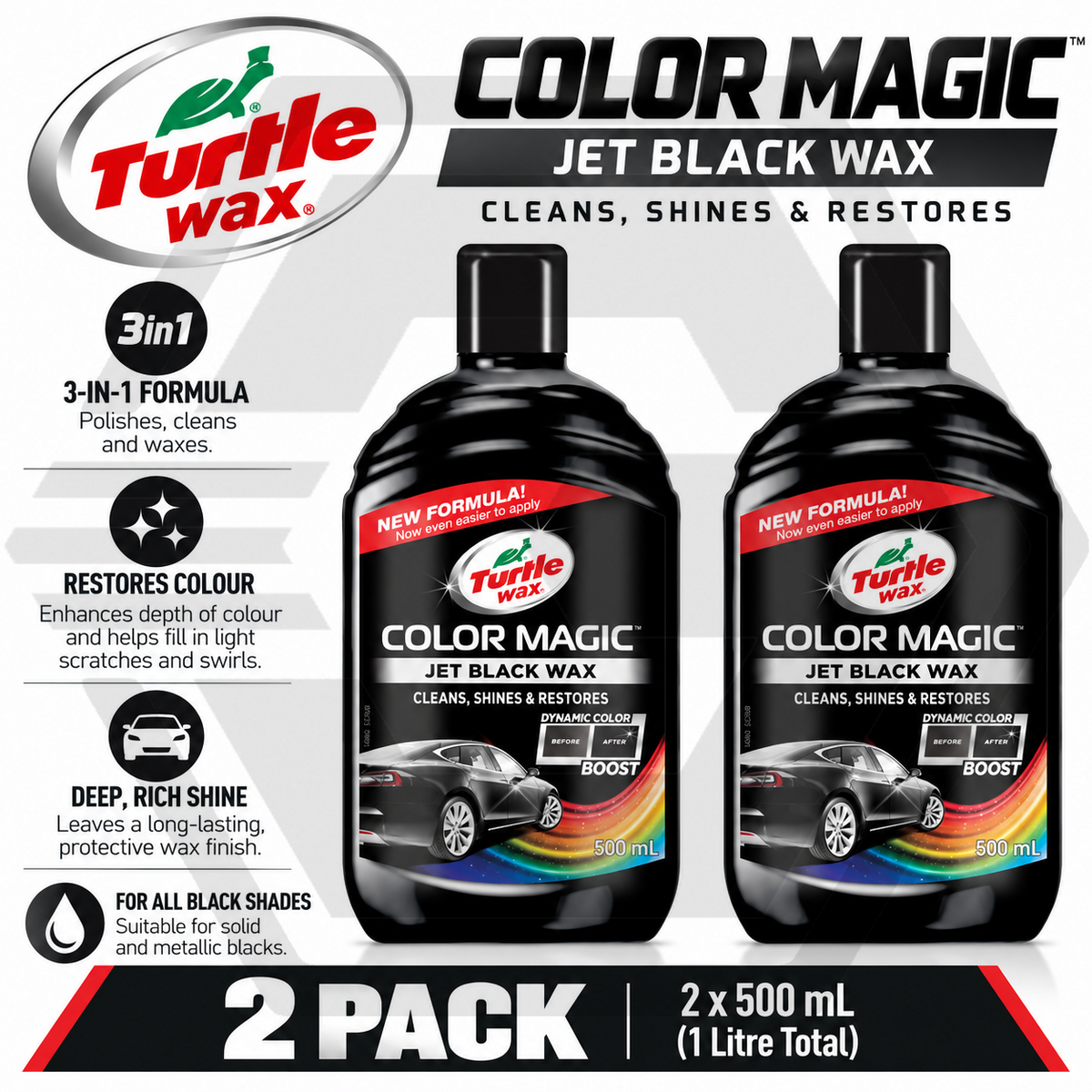 2 x Turtle Wax Color Magic Car Paintwork Polish Restores Faded 500ml Jet Black