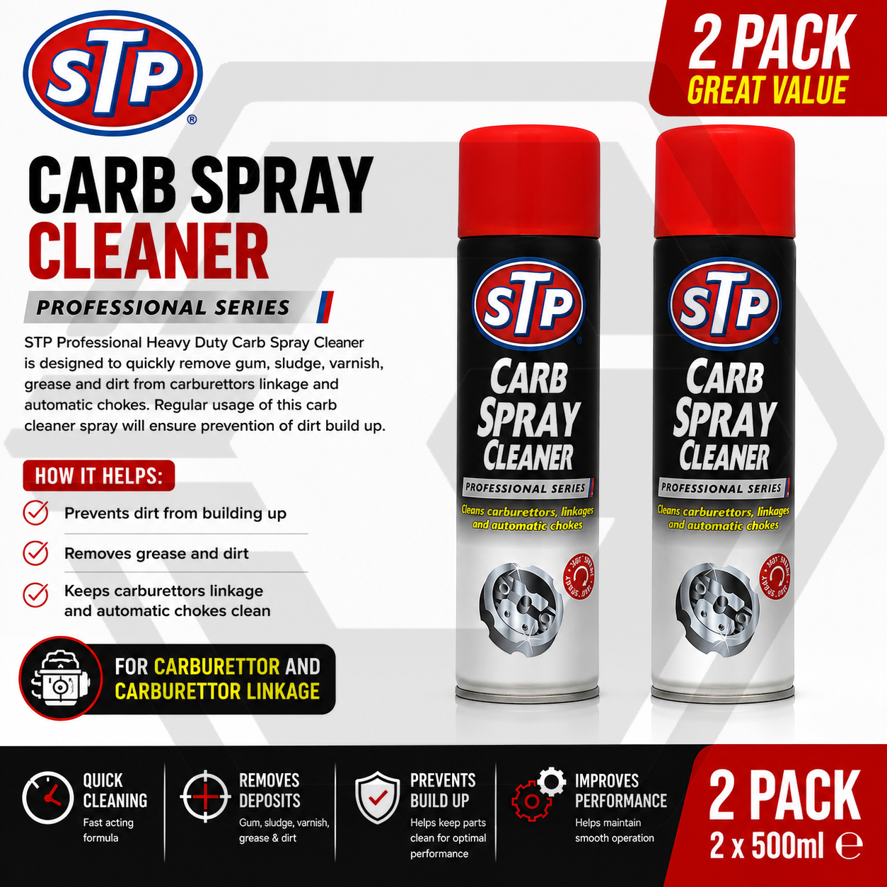 2 x STP Carb Cleaner Spray Carburettor Intake Spray Cleaner Professional 500ML