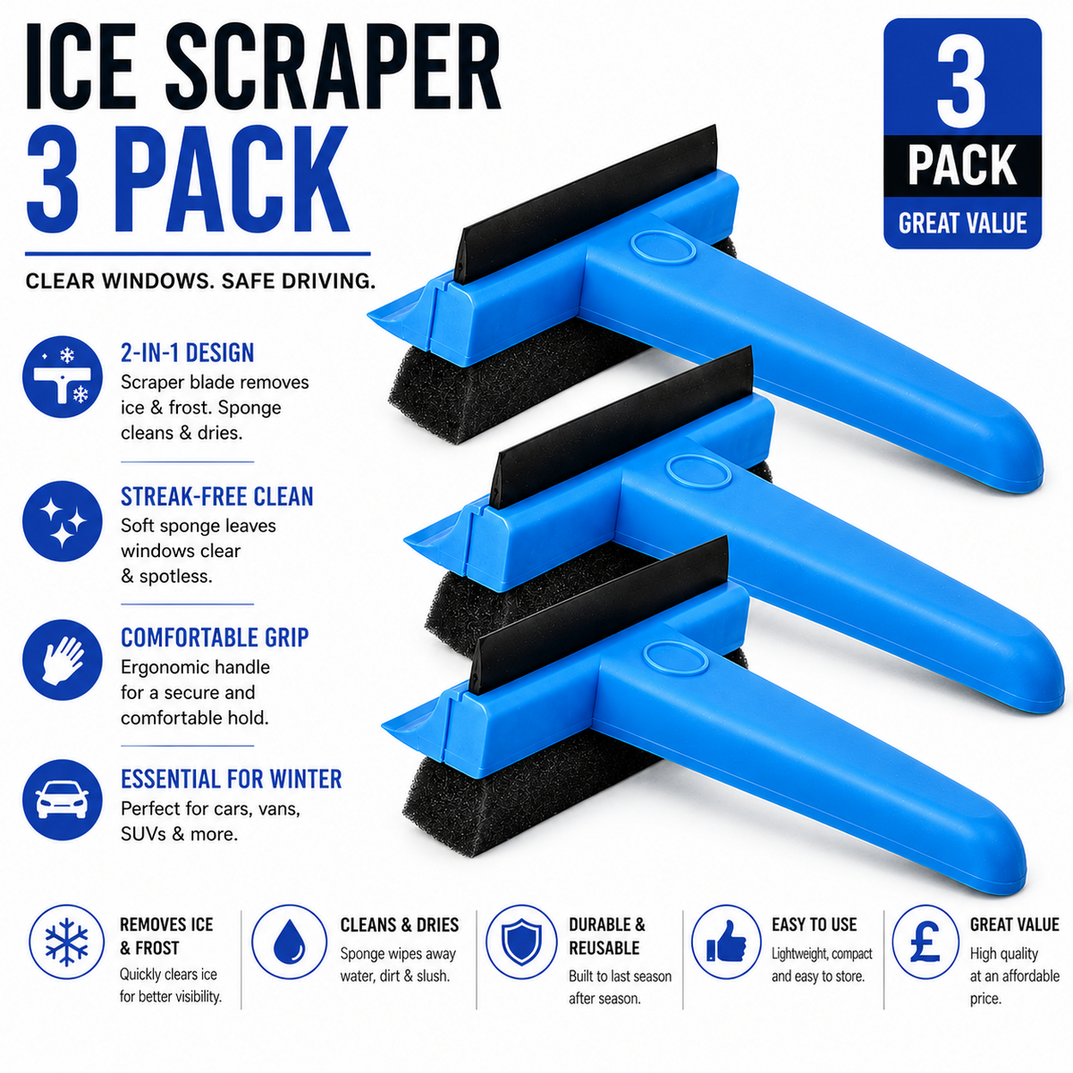 3x Car Van Home 3in1 Window Demister Pad, Frost Snow Ice Scraper & Sponge Simply