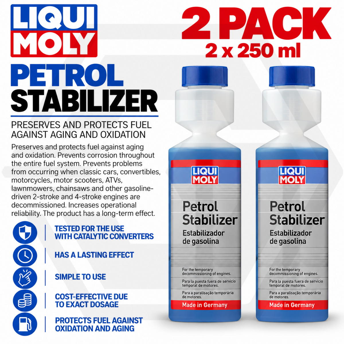 2 x Liqui Moly 250ml Petrol Stabiliser Fuel 2 & 4 Stroke Petrol Engines 21646