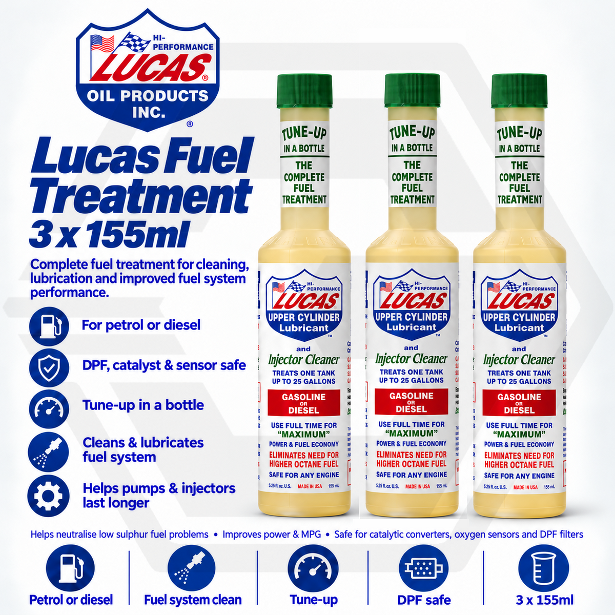 3 x Lucas Oil Fuel Treatment - Upper Cylinder Lubricant Injector Cleaner 155ml