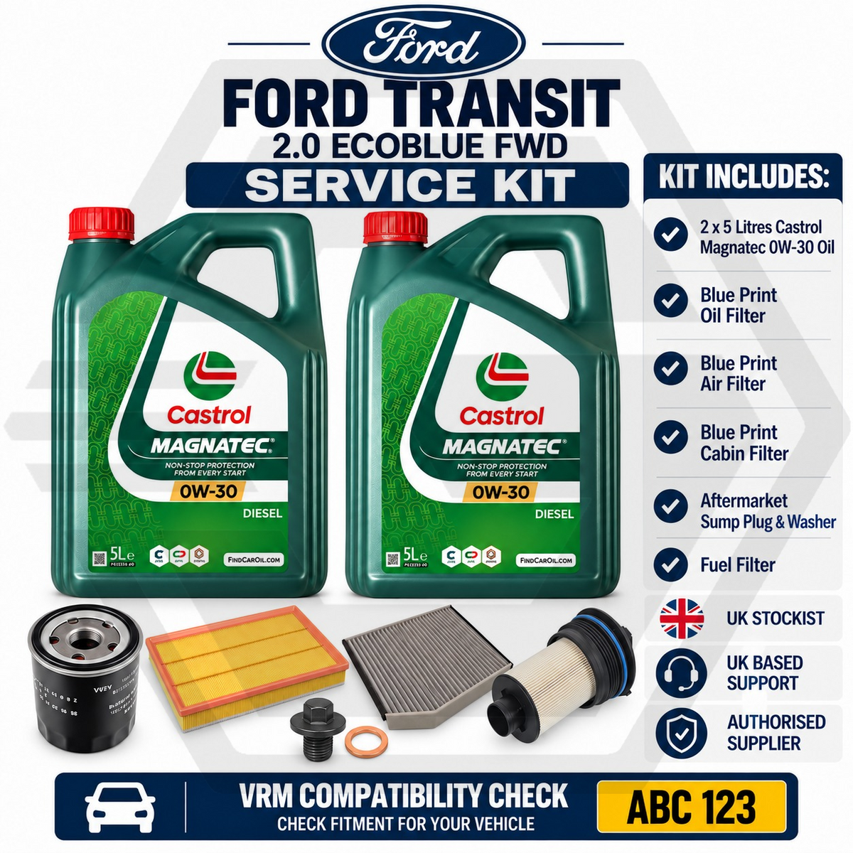 FORD TRANSIT 2016-2021 2.0L EcoBlue FULL SERVICE FILTERS + GENUINE CASTROL 0W30