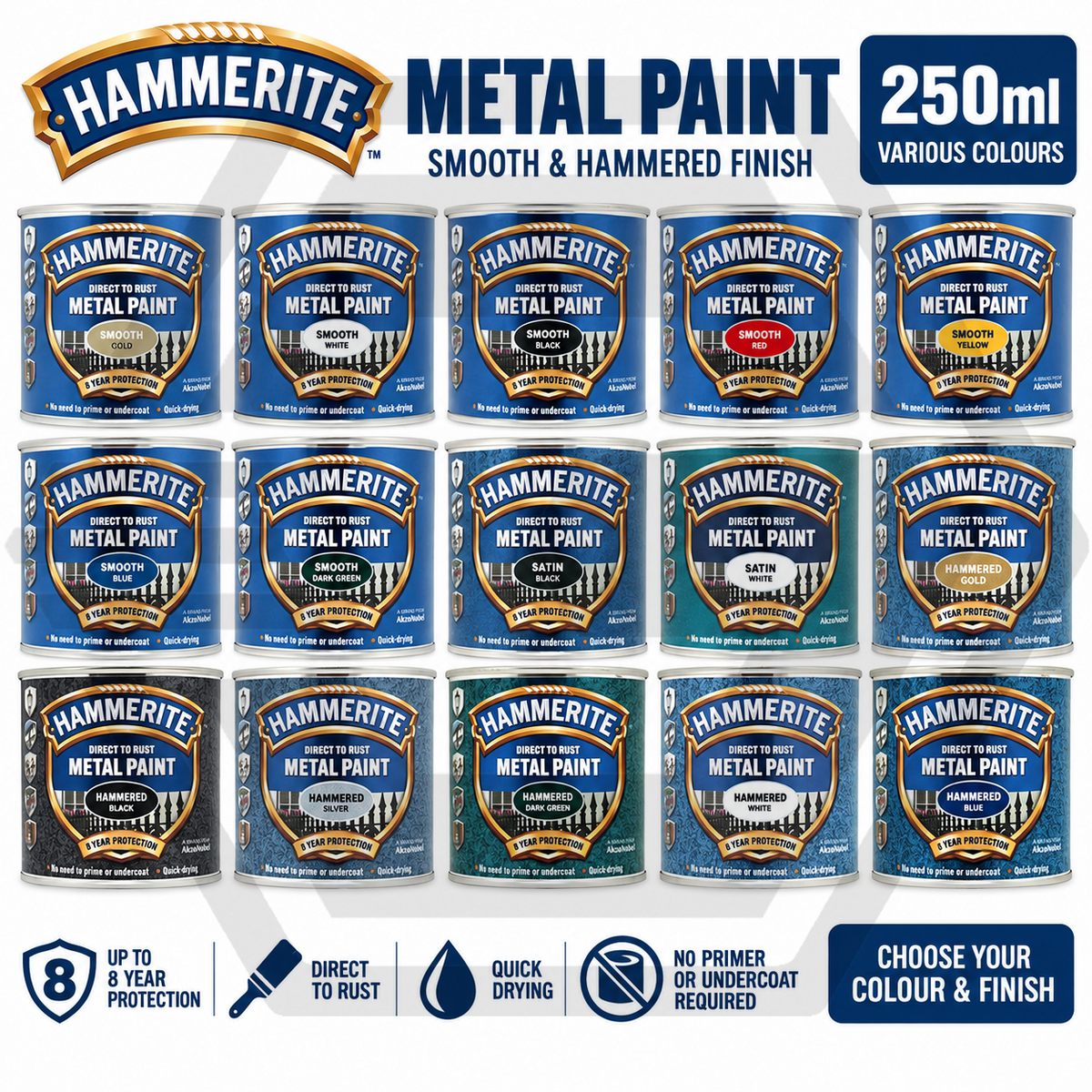 Hammerite Direct To Rust Quick Drying Metal Paint - Various Colours - 250ml