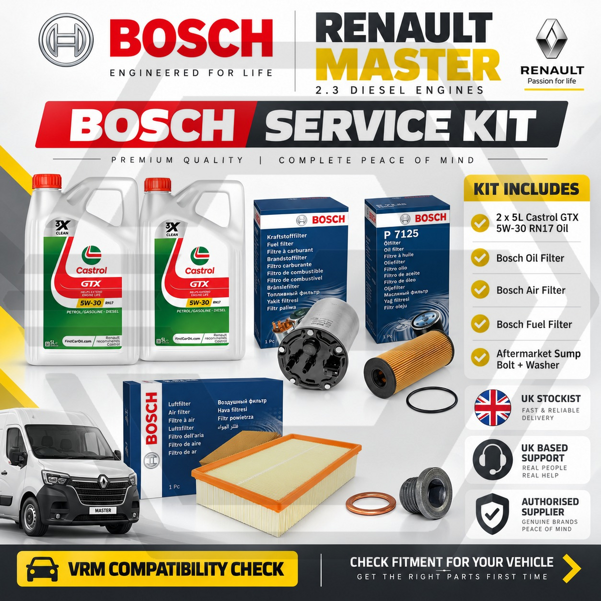 RENAULT MASTER 2.3 dCi Full BOSCH Service Kit + 10L CASTROL GTX 5W-30 RN17 Oil