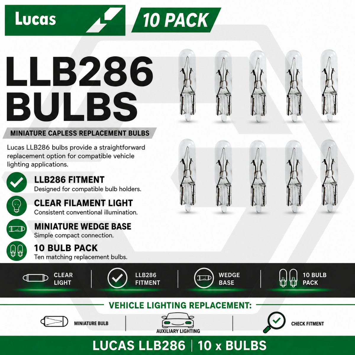 10 x LUCAS LLB286 CAPLESS DASHBOARD BULBS -  12V 1.2Q W2/4.6d 5mm 286 CLEAR LENS